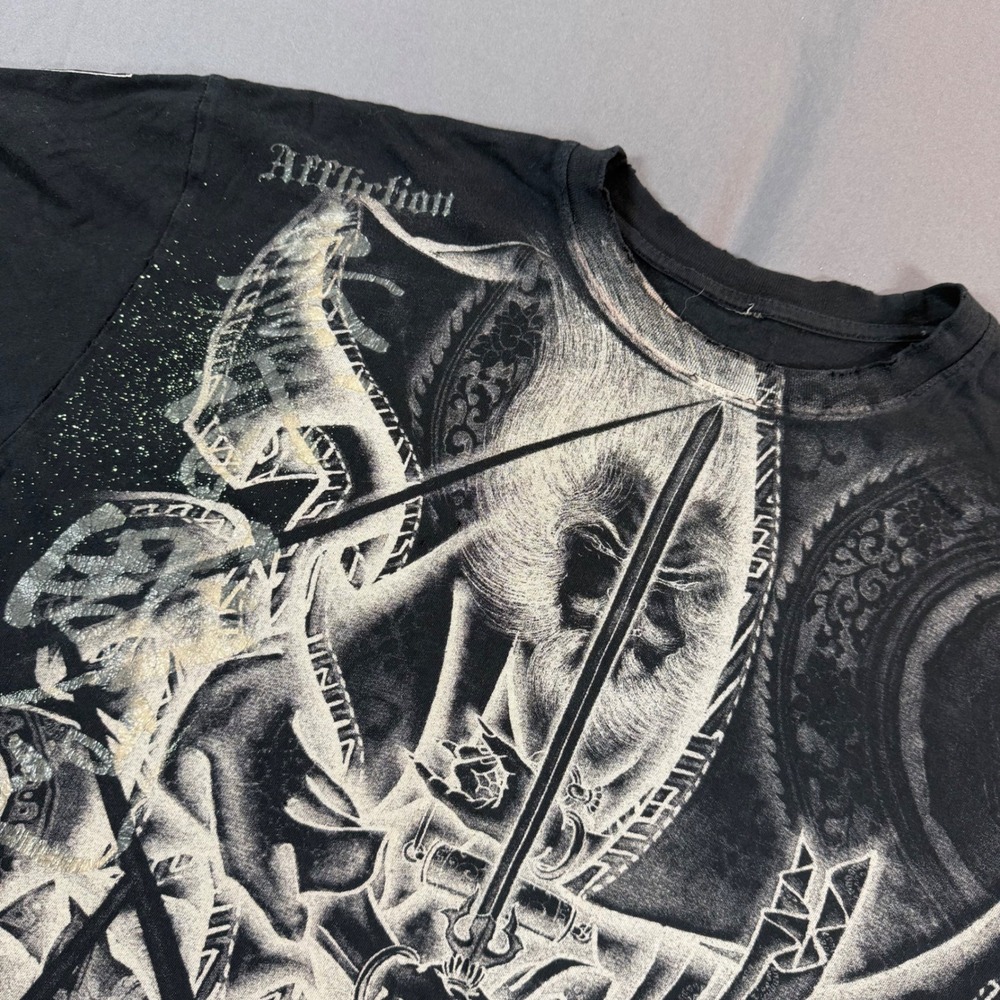 Affliction Heroes & Demons Y2K T-Shirt Black Samurai Graphic Distressed Rare XL